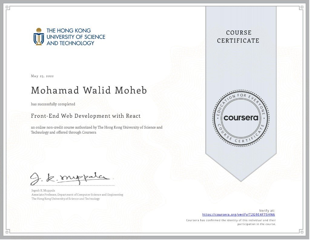 Coursera certificate: Front-End Web Development with React, HKUST, May 2022